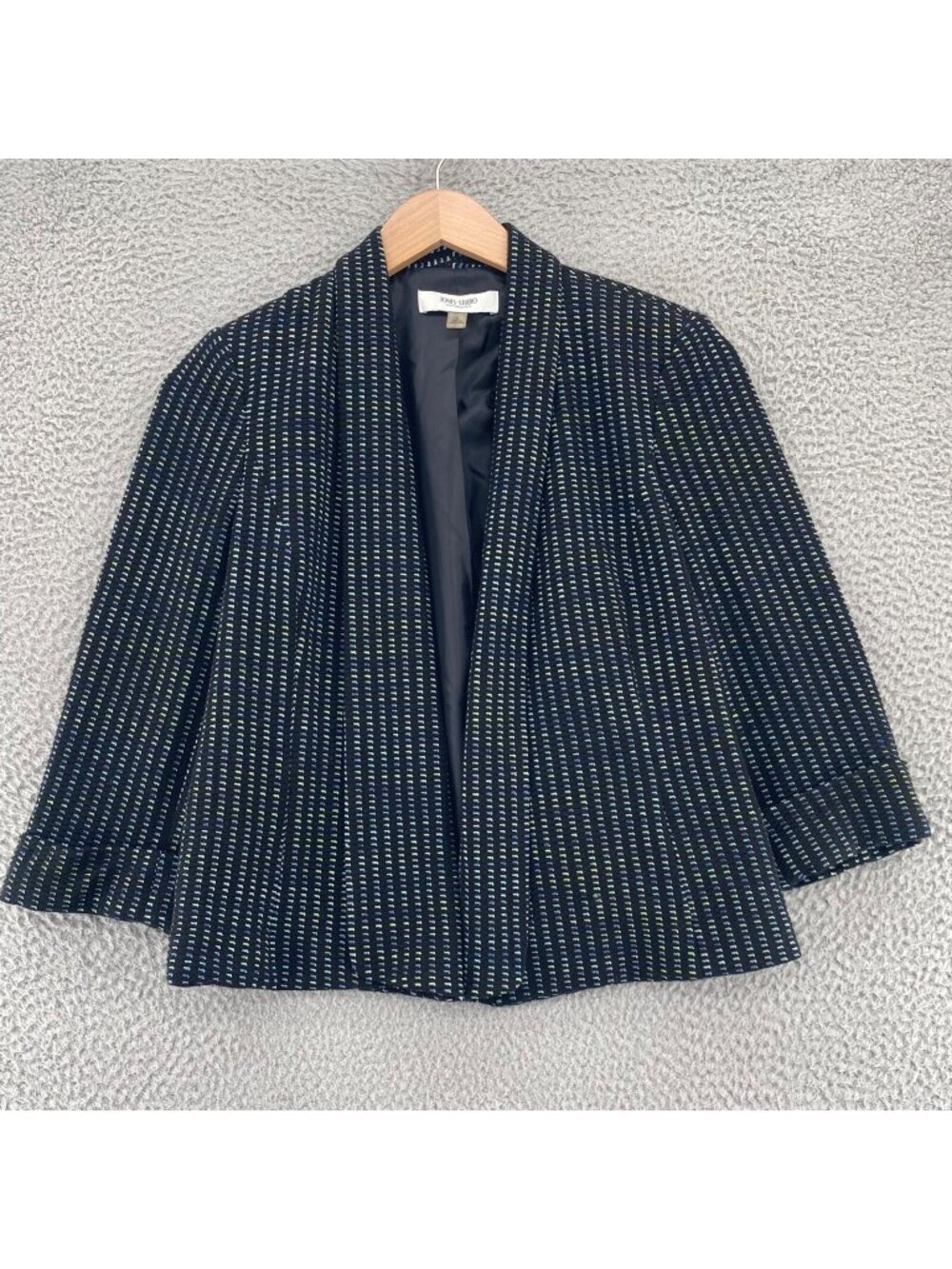 Jones Studio Blazer Womens 8 Black Multicolor 3/4 Sleeve Open Front Shawl Lapel